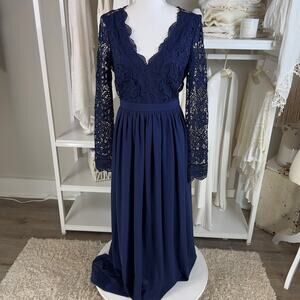 Pink Blush Women's sz Med. dark blue formal gown lace deep v neck backless #2121